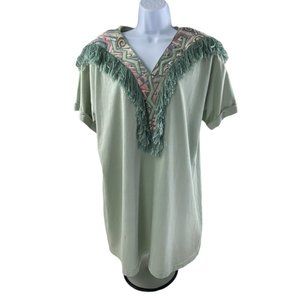 Vintage Eclectic Western Bohemian Aztec Sage Green Top with Fringe size Medium